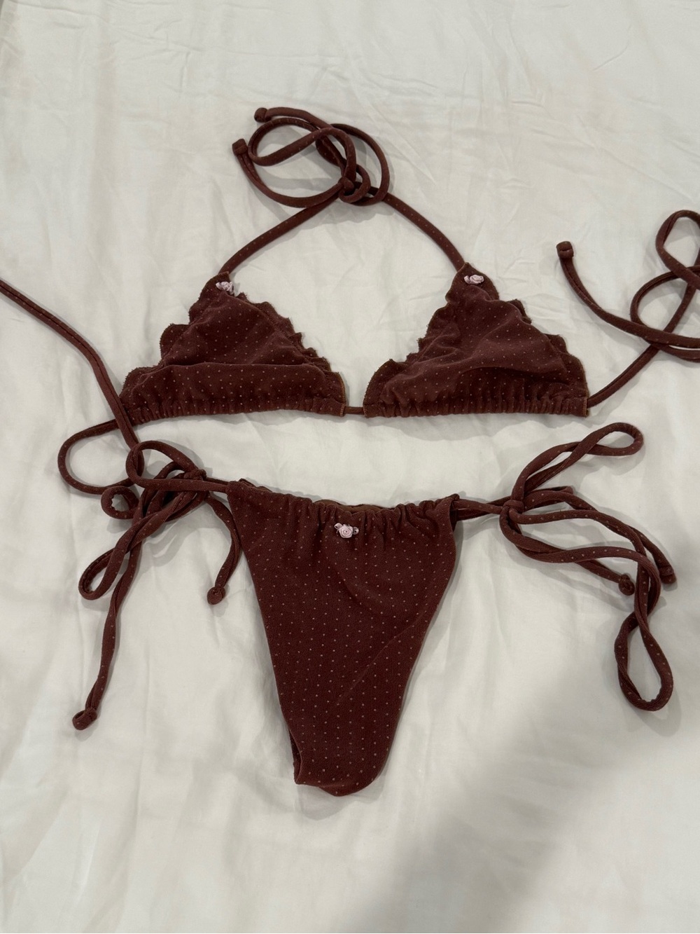 Frankie's Bikinis Brown Dotted Tie-Side Triangle Bikini